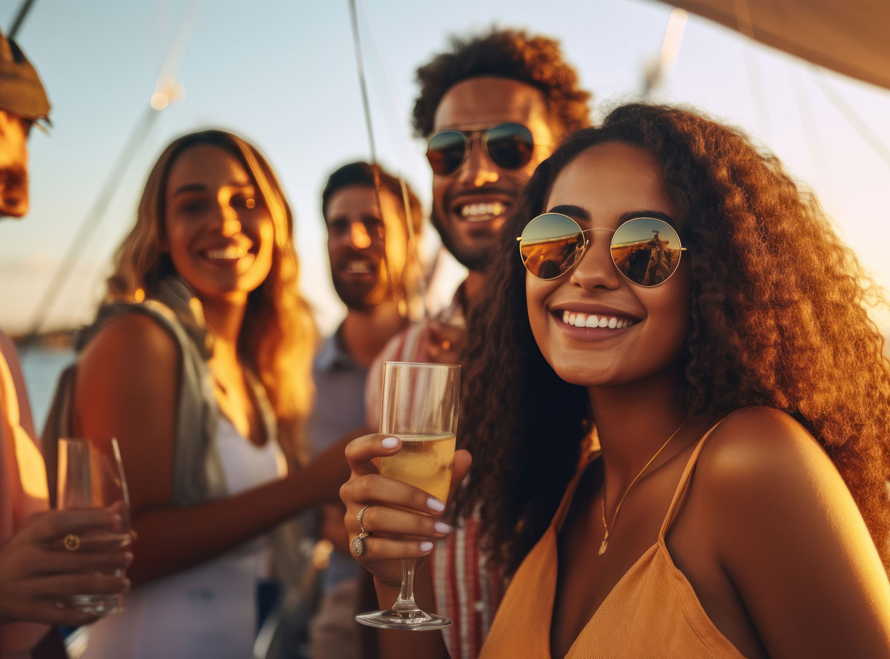 Group of diverse friends on boat having fun